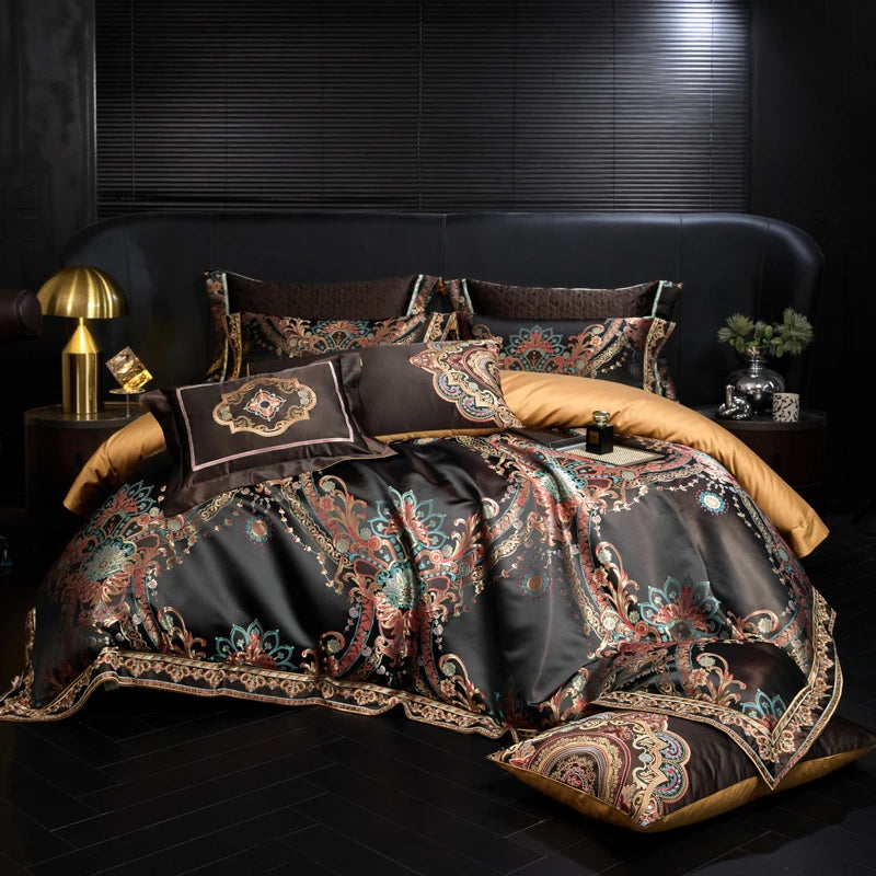 THL1178 Chic Black Gold Jacquard Bedding – Royal Embroidery Set