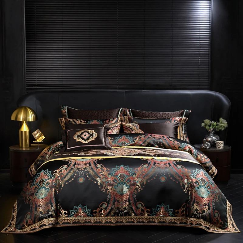THL1178 Chic Black Gold Jacquard Bedding – Royal Embroidery Set