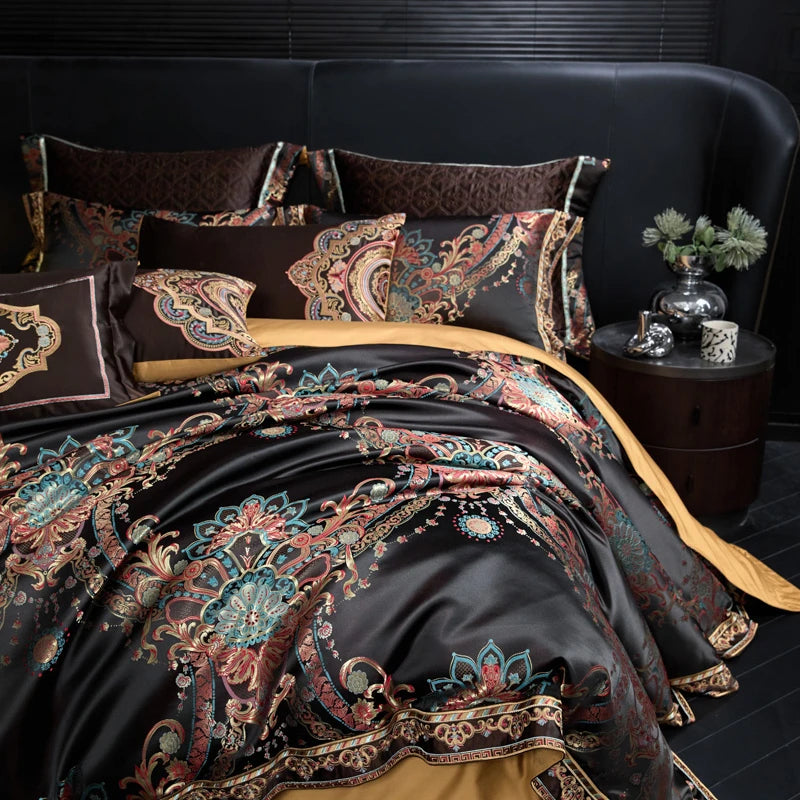 THL1178 Chic Black Gold Jacquard Bedding – Royal Embroidery Set