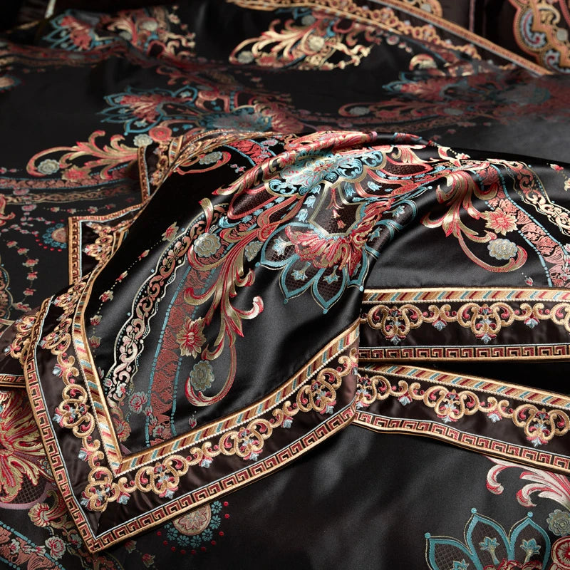 THL1178 Chic Black Gold Jacquard Bedding – Royal Embroidery Set