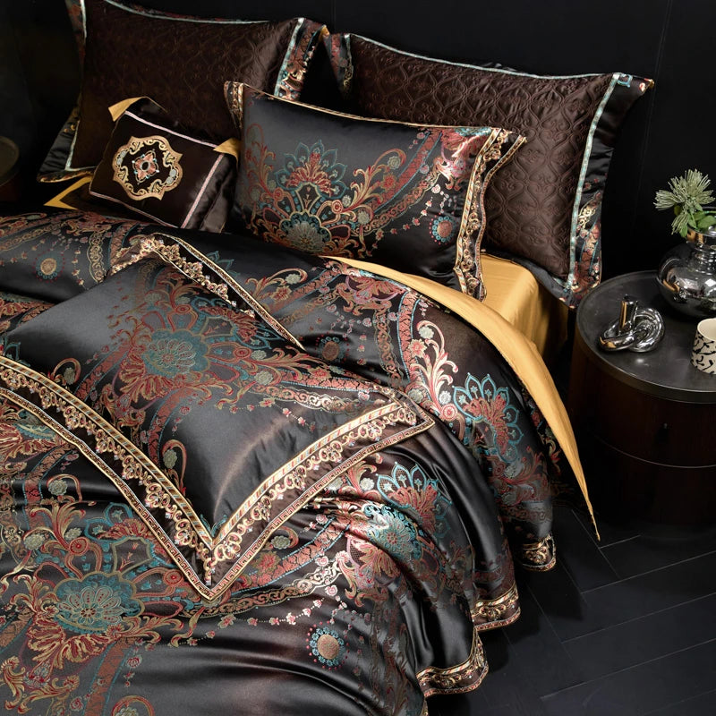 THL1178 Chic Black Gold Jacquard Bedding – Royal Embroidery Set
