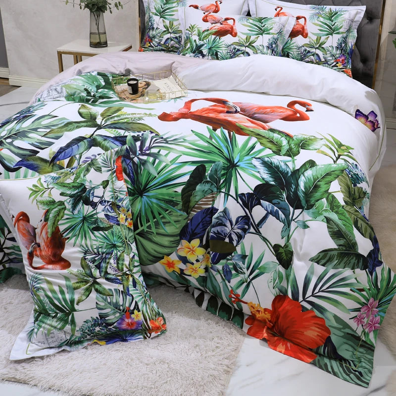 THL1068 Luxury Egyptian Cotton Bed Sheet with Elegant Birds and Flowers Leaf Design