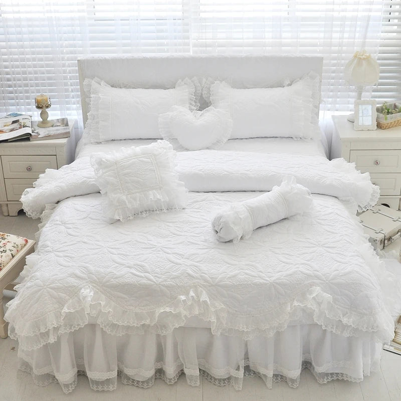 THL1039 Luxurious 100% Cotton Thick Quilted Lace Bedding Set Elegant Wedding & Royal Hotel Home Decor