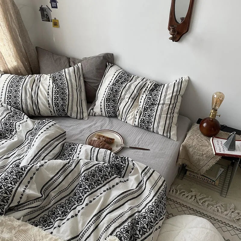 THL1146 Geometric Stripe Boho Duvet Cover Set Yarn Dyed Washed Cotton Comforter Cover & Bed Sheet