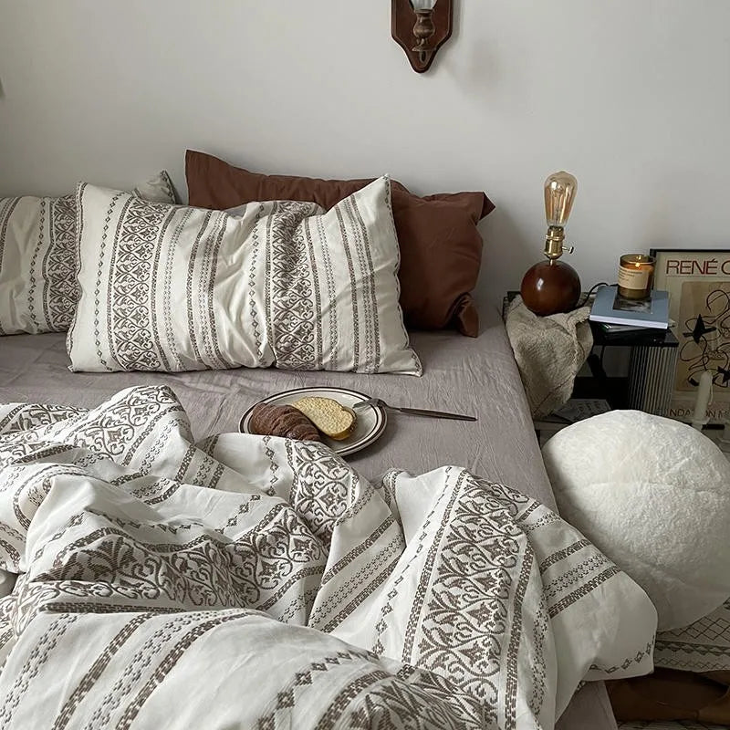 THL1146 Geometric Stripe Boho Duvet Cover Set Yarn Dyed Washed Cotton Comforter Cover & Bed Sheet