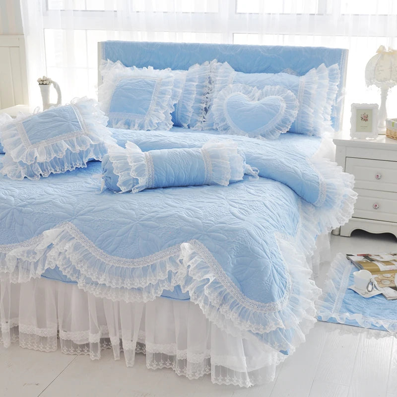 THL1039 Luxurious 100% Cotton Thick Quilted Lace Bedding Set Elegant Wedding & Royal Hotel Home Decor