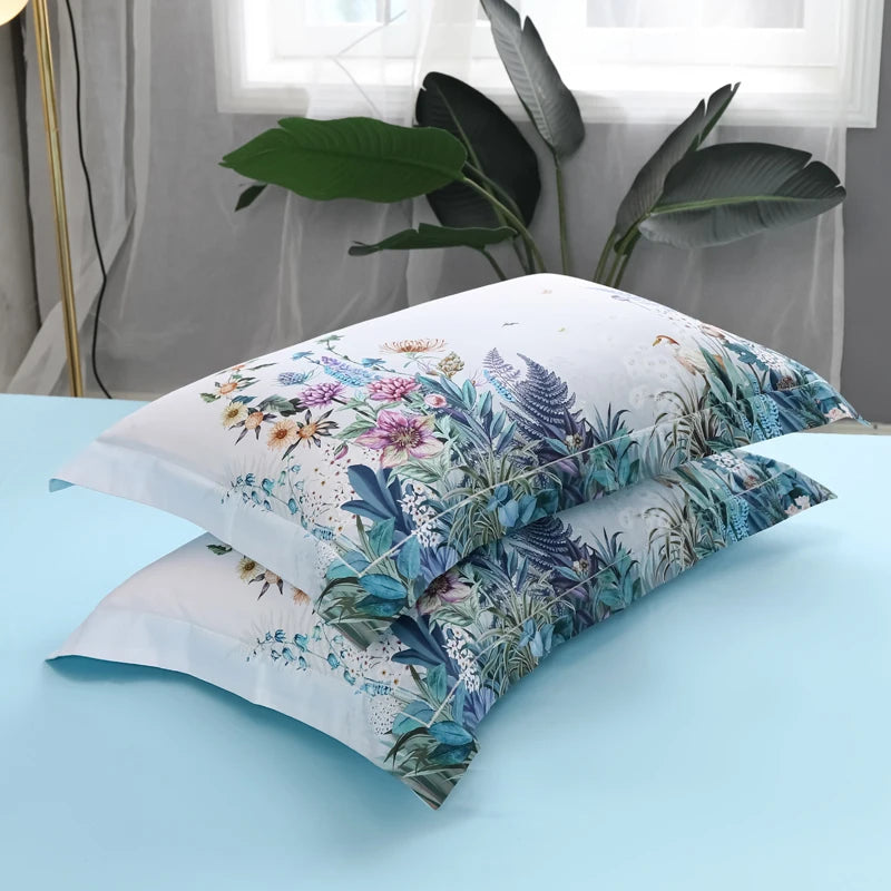 THL1069 Luxury Egyptian Cotton Bed Sheet with Elegant Birds and Flowers Leaf Design