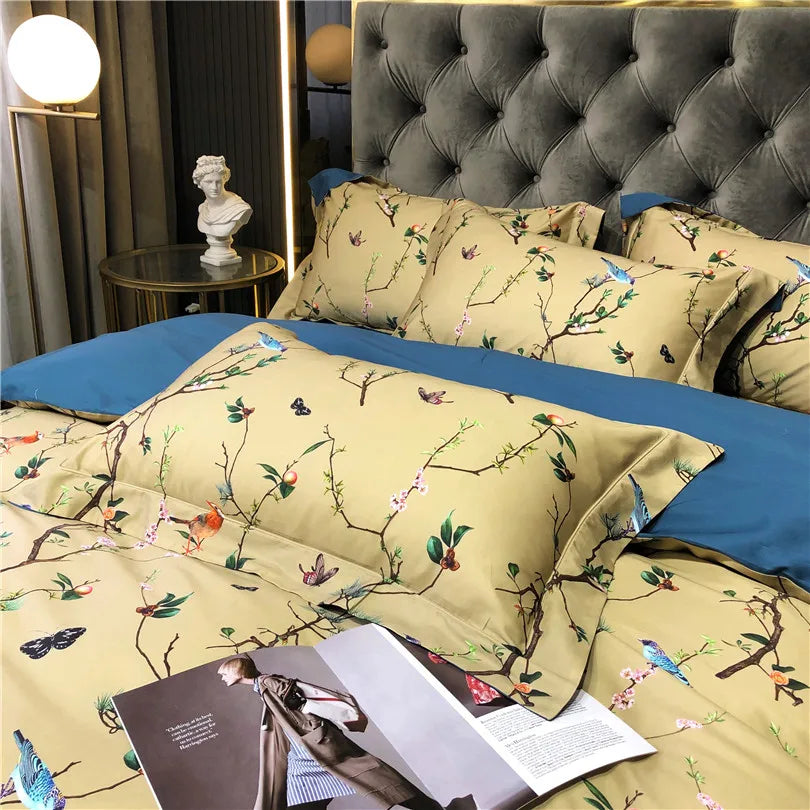 THL1068 Luxury Egyptian Cotton Bed Sheet with Elegant Birds and Flowers Leaf Design