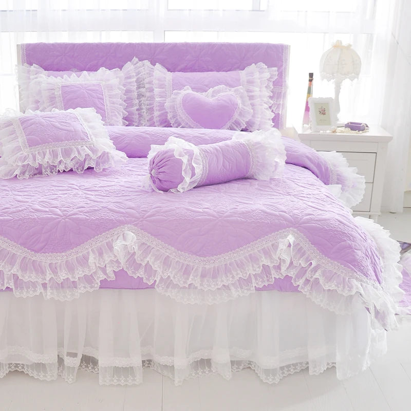 THL1039 Luxurious 100% Cotton Thick Quilted Lace Bedding Set Elegant Wedding & Royal Hotel Home Decor