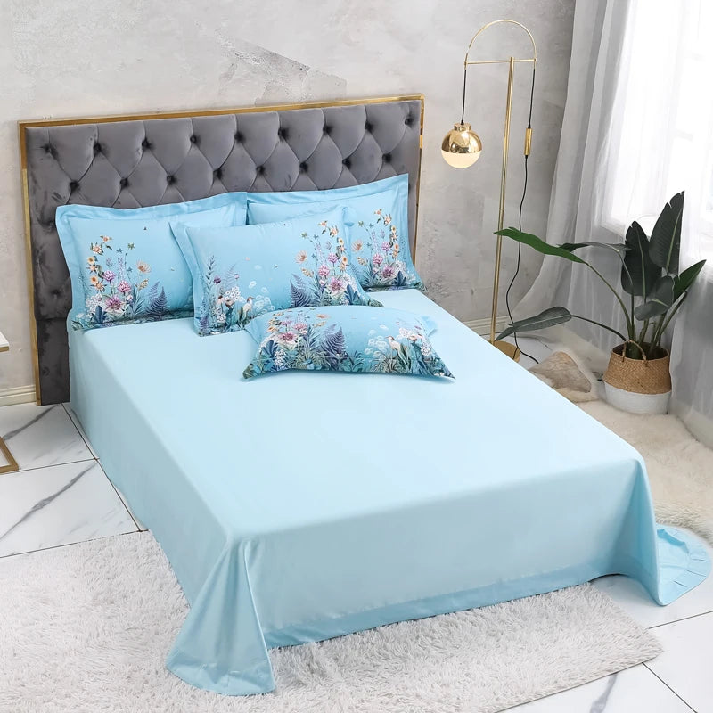 THL1069 Luxury Egyptian Cotton Bed Sheet with Elegant Birds and Flowers Leaf Design