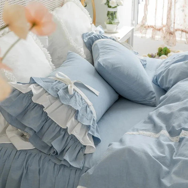 THL1127 Double Ruffle Waterfall Duvet Cover Shabby Chic Blue Farmhouse Bedding Set for Girls Room Décor