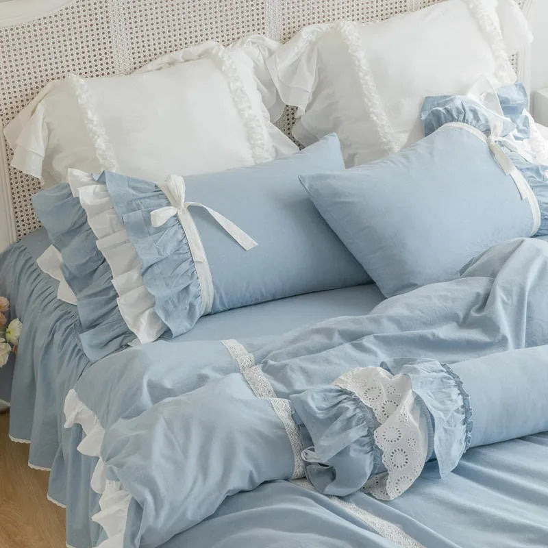 THL1127 Double Ruffle Waterfall Duvet Cover Shabby Chic Blue Farmhouse Bedding Set for Girls Room Décor