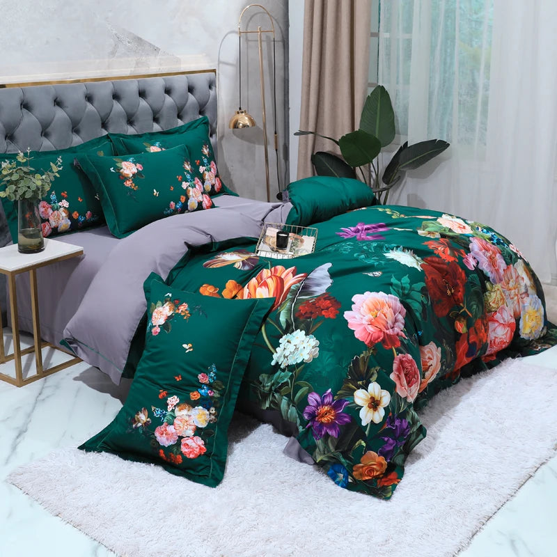 THL1068 Luxury Egyptian Cotton Bed Sheet with Elegant Birds and Flowers Leaf Design