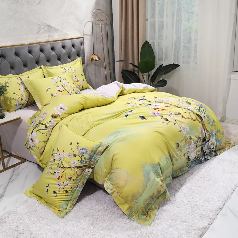 THL1068 Luxury Egyptian Cotton Bed Sheet with Elegant Birds and Flowers Leaf Design