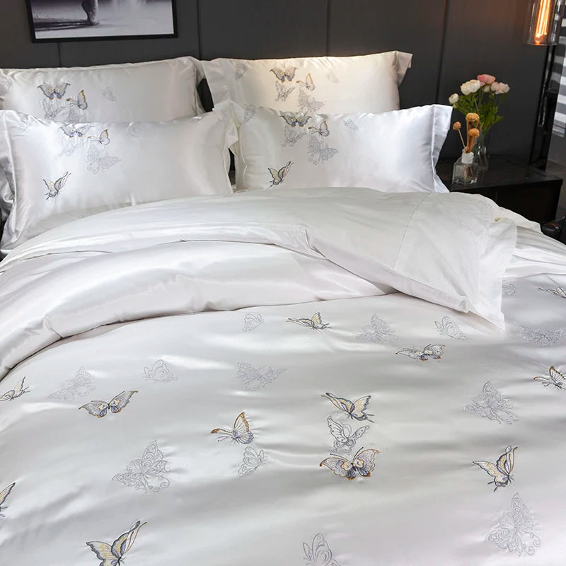 THL1067 Silver Gray Luxury Silky Satin Jacquard Embroidery Bedding Set