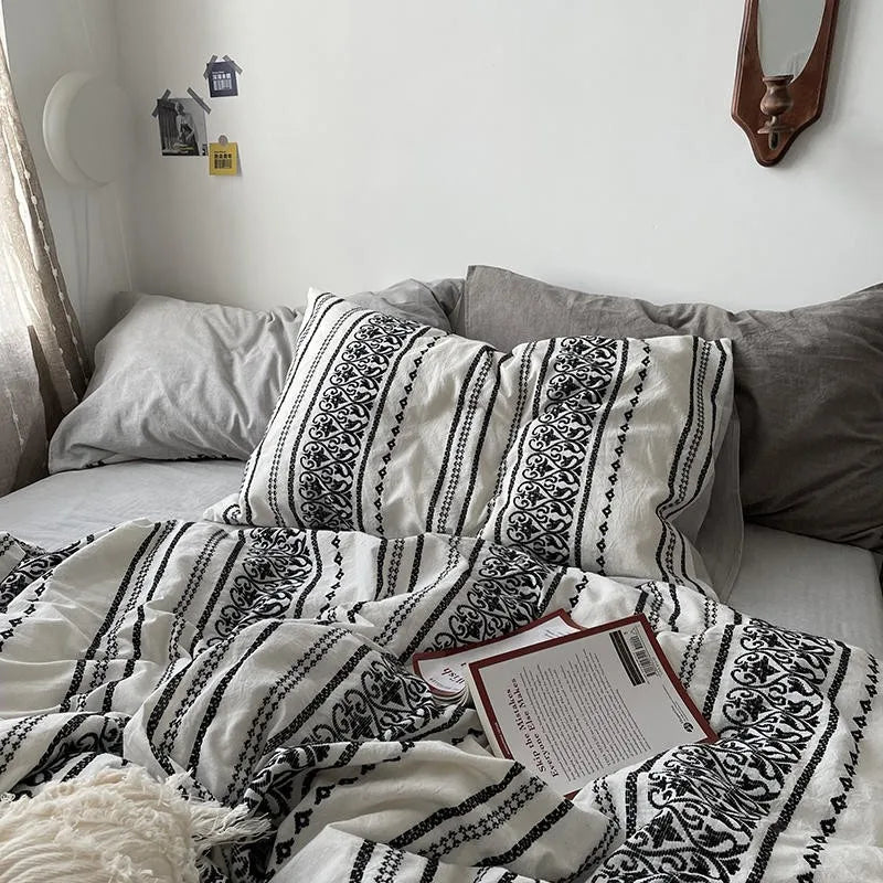 THL1146 Geometric Stripe Boho Duvet Cover Set Yarn Dyed Washed Cotton Comforter Cover & Bed Sheet