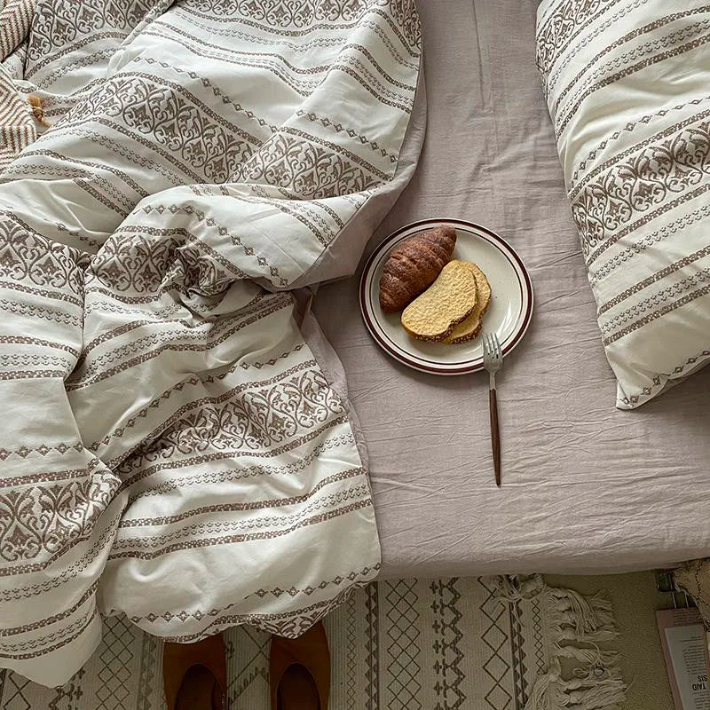 THL1146 Geometric Stripe Boho Duvet Cover Set Yarn Dyed Washed Cotton Comforter Cover & Bed Sheet