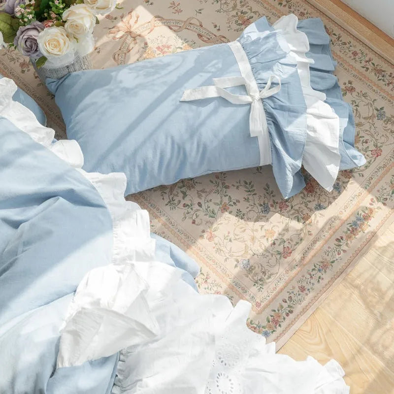 THL1127 Double Ruffle Waterfall Duvet Cover Shabby Chic Blue Farmhouse Bedding Set for Girls Room Décor