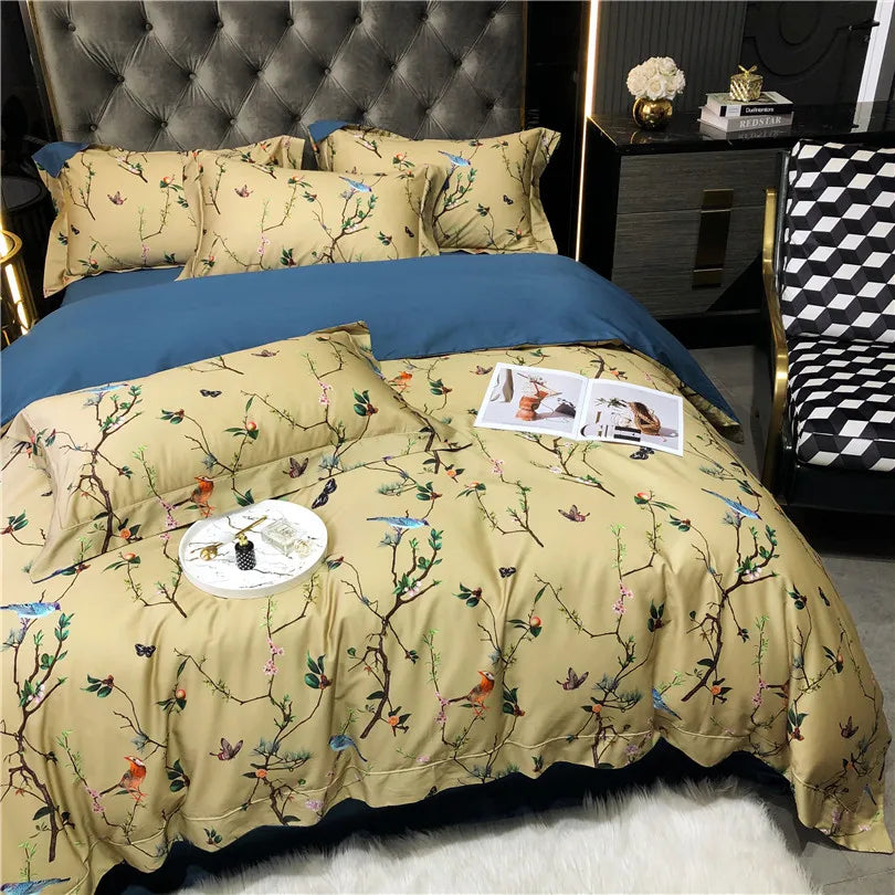 THL1068 Luxury Egyptian Cotton Bed Sheet with Elegant Birds and Flowers Leaf Design