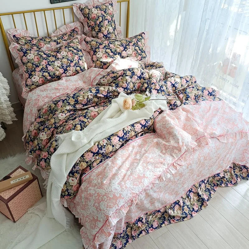 Juego de ropa de cama con funda de edredón estilo granja, 100 % algodón, estilo francés, estilo primaveral, THL1137