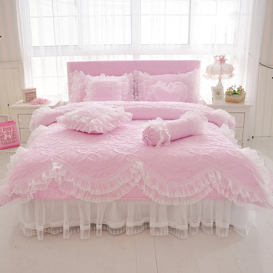 THL1039 Luxurious 100% Cotton Thick Quilted Lace Bedding Set Elegant Wedding & Royal Hotel Home Decor