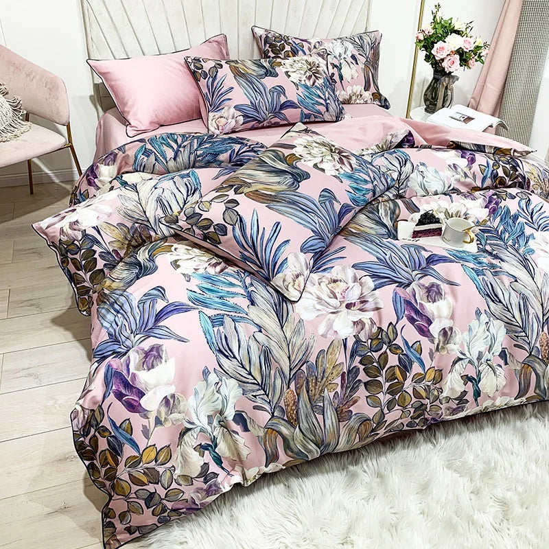 THL1020 Vintage Leaves Flowers Silky Soft Egyptian Cotton Duvet Cover Fitted Bedding Set