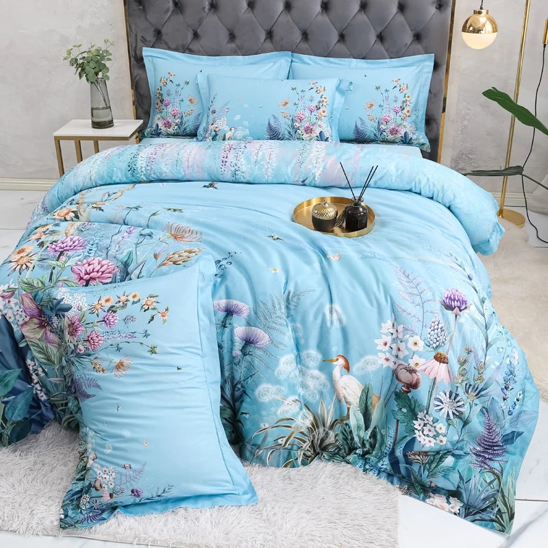 THL1069 Luxury Egyptian Cotton Bed Sheet with Elegant Birds and Flowers Leaf Design