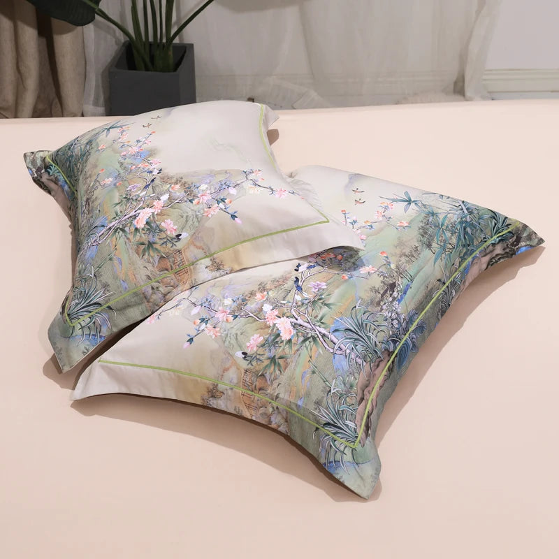 THL1068 Luxury Egyptian Cotton Bed Sheet with Elegant Birds and Flowers Leaf Design