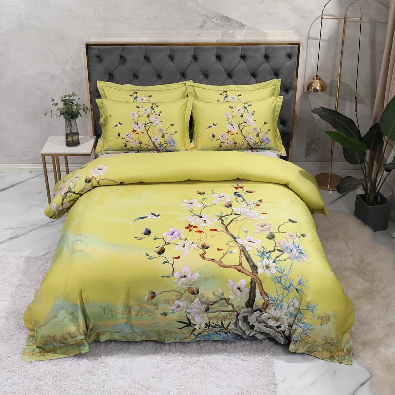 THL1068 Luxury Egyptian Cotton Bed Sheet with Elegant Birds and Flowers Leaf Design