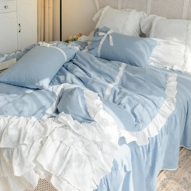 THL1127 Double Ruffle Waterfall Duvet Cover Shabby Chic Blue Farmhouse Bedding Set for Girls Room Décor