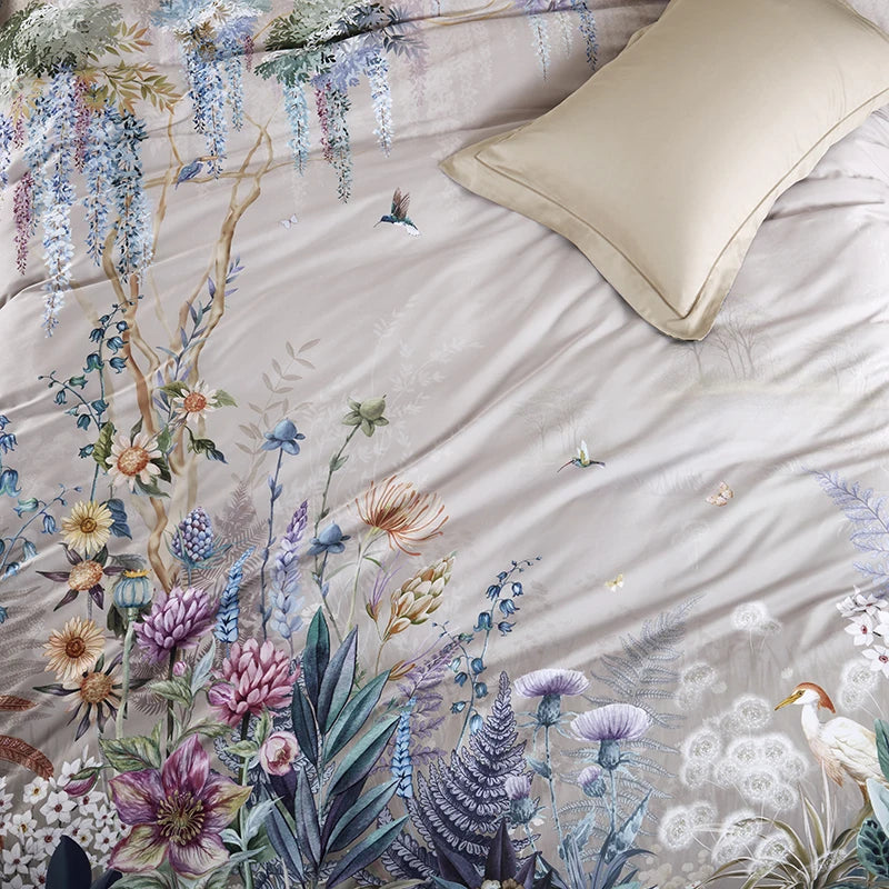 THL1068 Luxury Egyptian Cotton Bed Sheet with Elegant Birds and Flowers Leaf Design