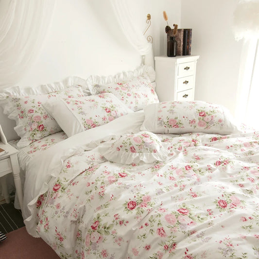 THL1102 Juego de cama floral de rosas 100 % algodón, colección para dormitorio de niña