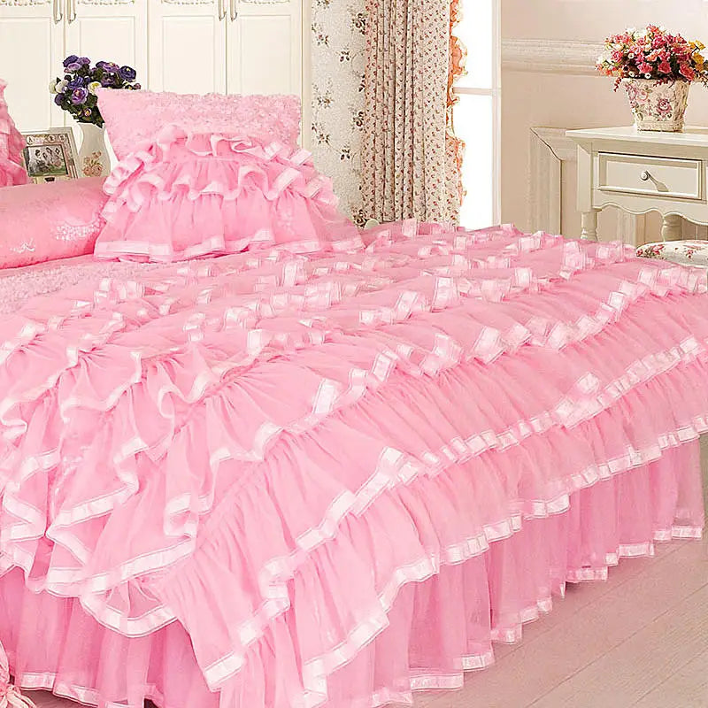 THL1099 Juego de cama elegante y acogedor de estilo princesa con encaje para bodas