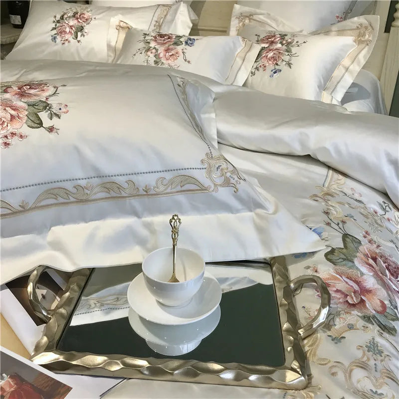 THL1077 Egyptian Cotton Luxury White Bedding Set with Embroidery