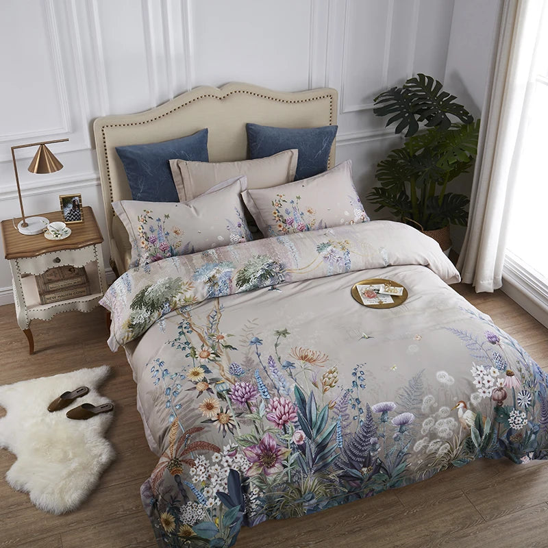 THL1068 Luxury Egyptian Cotton Bed Sheet with Elegant Birds and Flowers Leaf Design