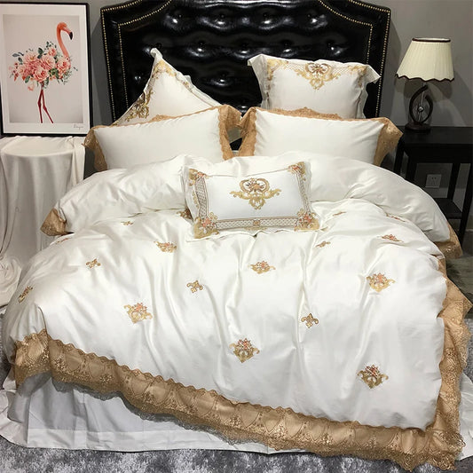 THL1073 Golden Embroidery Royal Lace Bedding Luxurious Egyptian Cotton Soft Bed Sheet