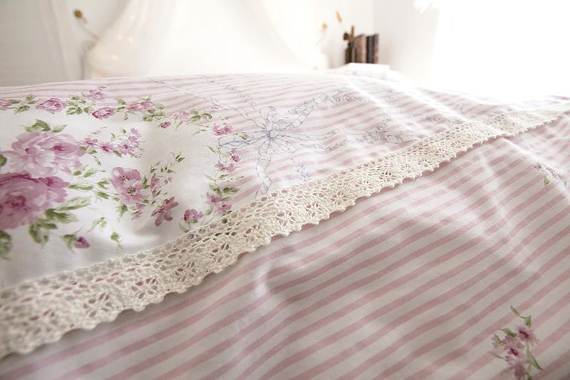 THL1102 Juego de cama floral de rosas 100 % algodón, colección para dormitorio de niña