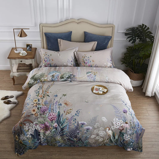 THL1068 Luxury Egyptian Cotton Bed Sheet with Elegant Birds and Flowers Leaf Design