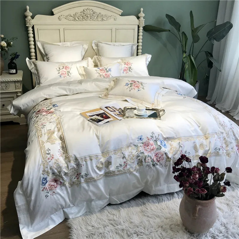 THL1077 Egyptian Cotton Luxury White Bedding Set with Embroidery