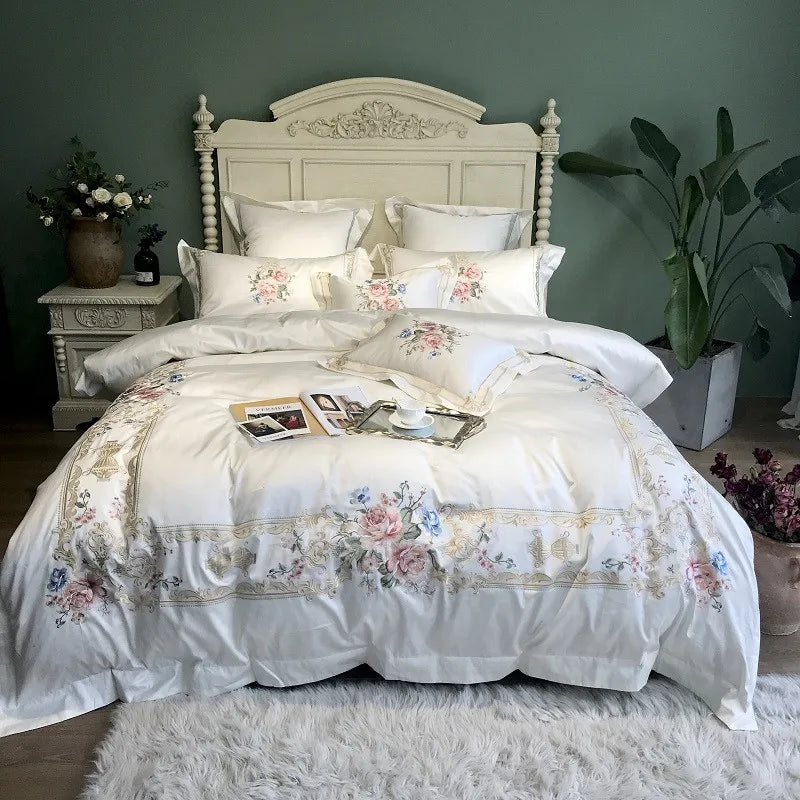 THL1077 Egyptian Cotton Luxury White Bedding Set with Embroidery