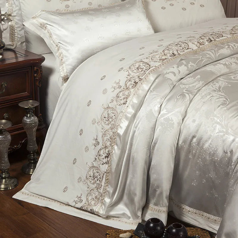 THL1067 Silver Gray Luxury Silky Satin Jacquard Embroidery Bedding Set