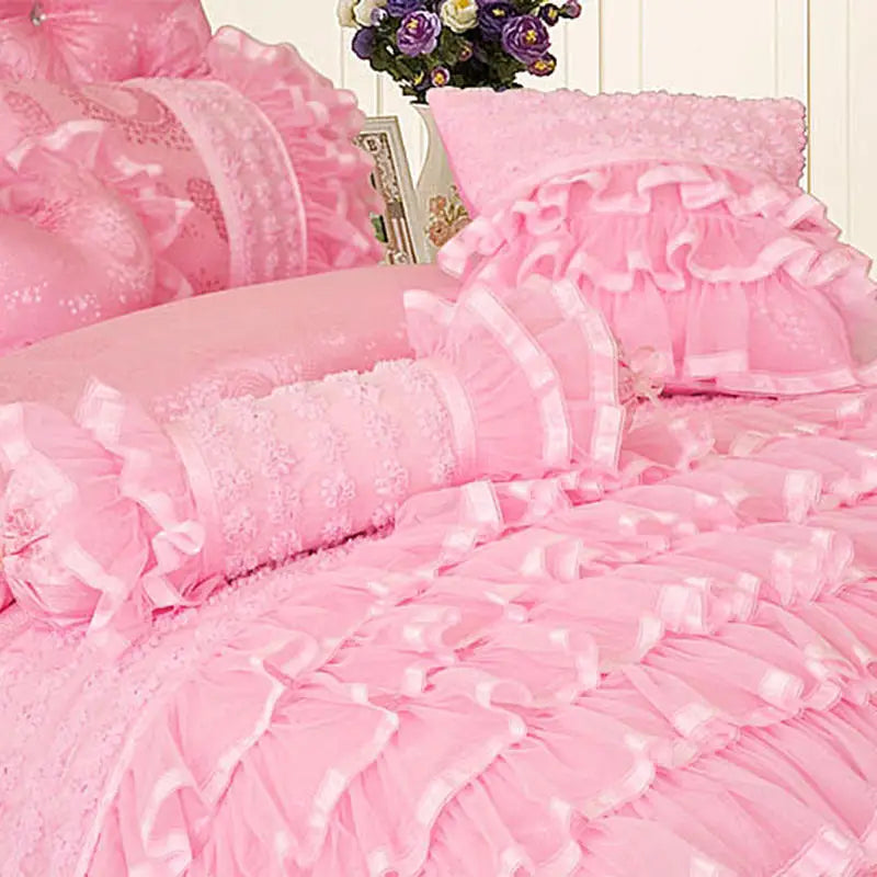 THL1099 Juego de cama elegante y acogedor de estilo princesa con encaje para bodas