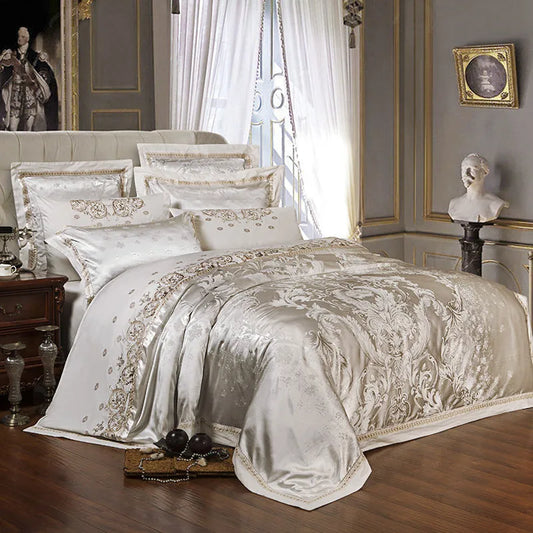 THL1067 Silver Gray Luxury Silky Satin Jacquard Embroidery Bedding Set