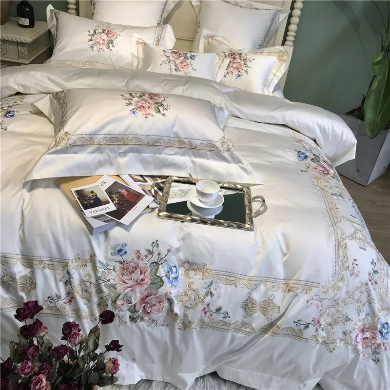 THL1077 Egyptian Cotton Luxury White Bedding Set with Embroidery