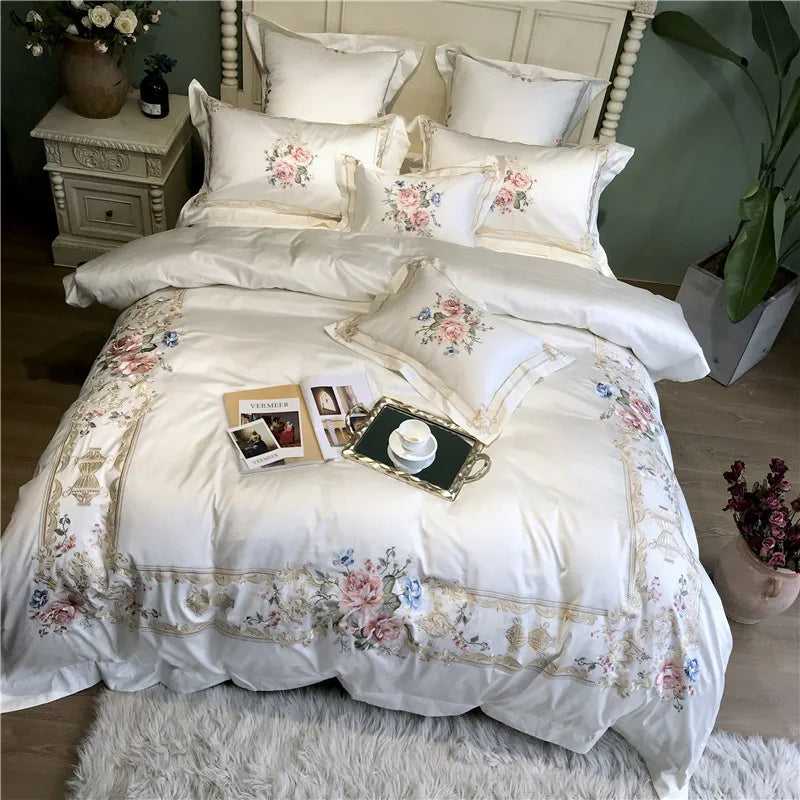 THL1077 Egyptian Cotton Luxury White Bedding Set with Embroidery