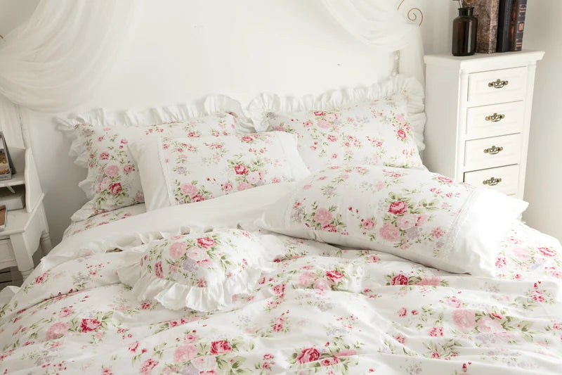 THL1102 Juego de cama floral de rosas 100 % algodón, colección para dormitorio de niña