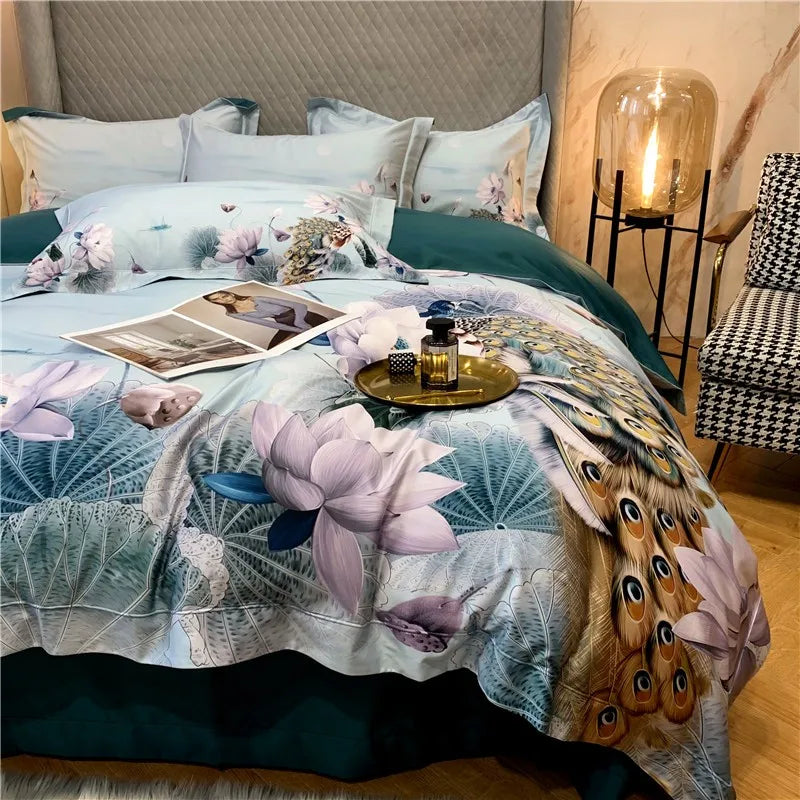 THL1069 Luxury Egyptian Cotton Bed Sheet with Elegant Birds and Flowers Leaf Design