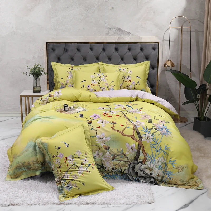 THL1068 Luxury Egyptian Cotton Bed Sheet with Elegant Birds and Flowers Leaf Design