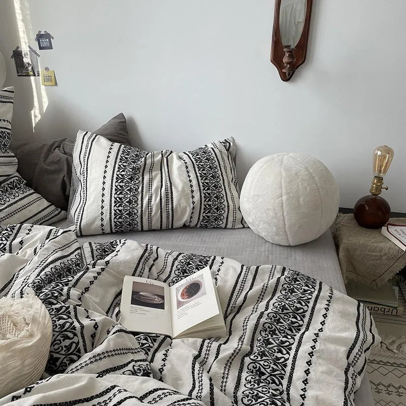 THL1146 Geometric Stripe Boho Duvet Cover Set Yarn Dyed Washed Cotton Comforter Cover & Bed Sheet