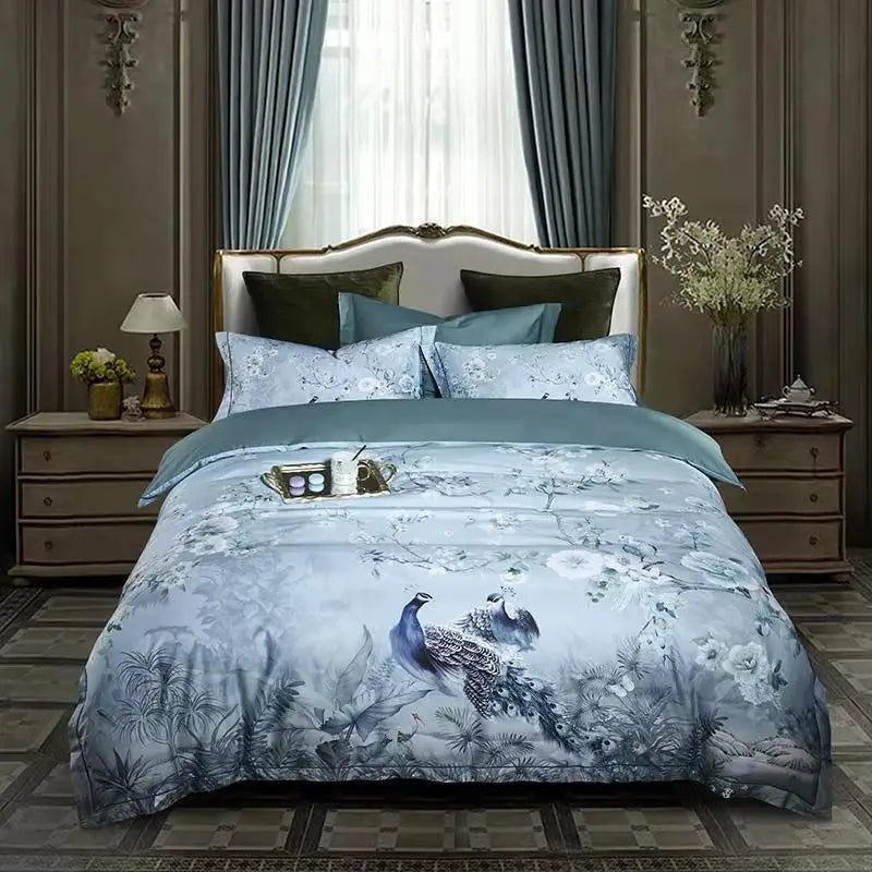 THL1068 Luxury Egyptian Cotton Bed Sheet with Elegant Birds and Flowers Leaf Design